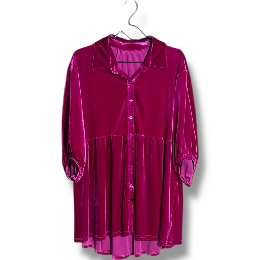 Chic Fuchsia Button-Front Velvet 3/4 Balloon Sleeves Tiered Collared Tunic Top - Picture 13 of 16
